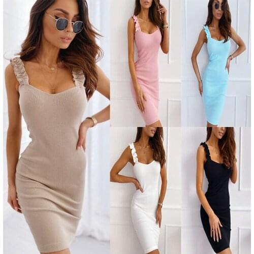 Ladies 2021 Summer Simple Sexy Dress Slim Sling Pleated Fashion Party Bodycon Dress Solid Knee-length For Women Casual Dresses