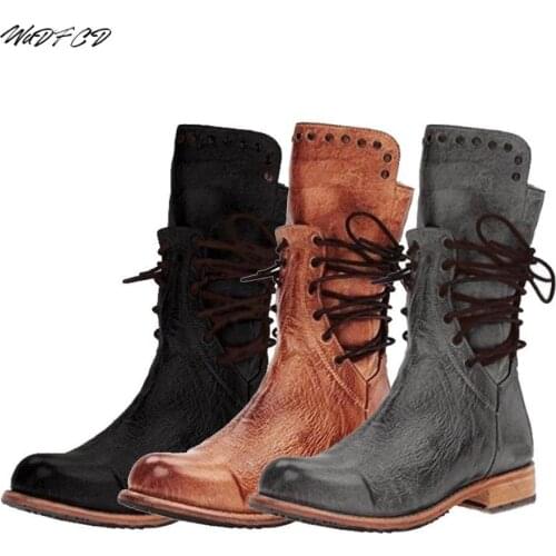 Plus Size 43 Women Shoes Riding Boots Fashion Casual Rivet Low Heel Platform Boots Trend Cool Lace-up Middle Tube Leather Boots