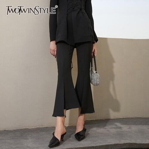 TWOTWINSTYLE Black Irregular Hem Trouser For Women High Waist Solid Flare Pants Female Fashionable New Clothing Spring Style