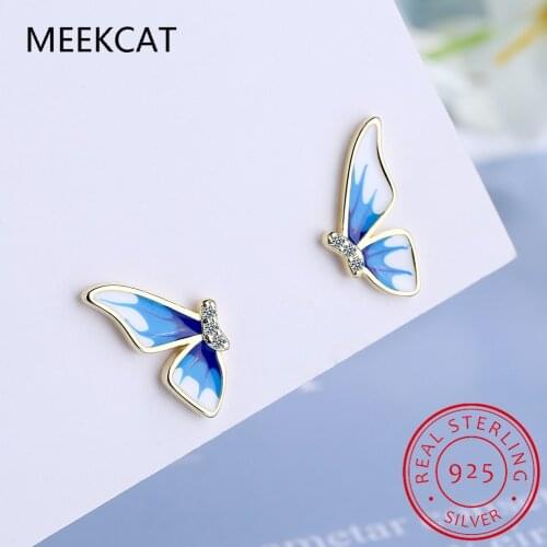 MEEKCAT 925 Sterling Silver 2021 New Womens Fine Jewelry High Quality Crystal Zircon Simple Wing Butterfly Earrings