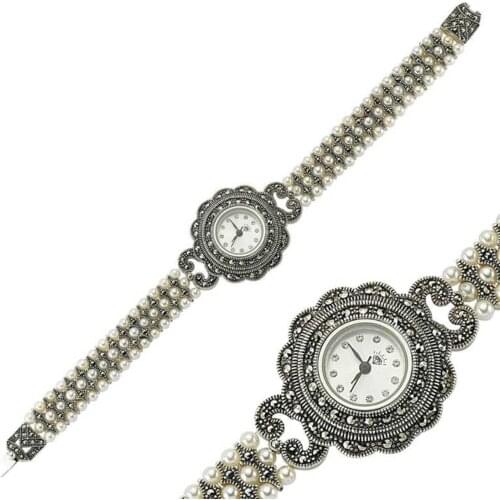 925 K Silver Marcasite Cubic Zirconia Womens Clock