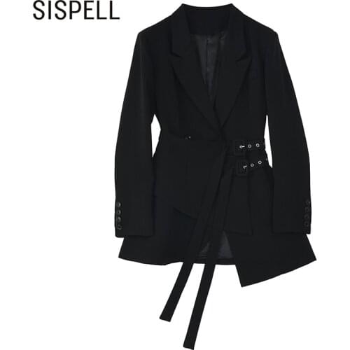 SISPELL Patchwork Girdle Blazer Coats Lapel Collar Long Sleeve High Waist Slimming Solid Color Womens Coat Fashion New 2021