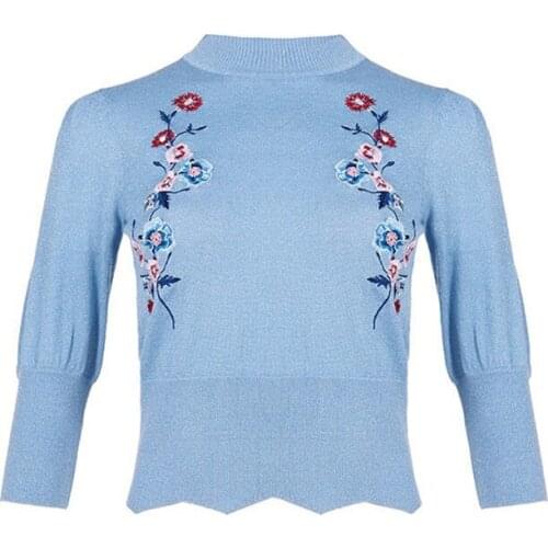 Korobov Women Knitted Thin Sweaters Korean Flower Embroidery Sweet Female Sweater Office Lady Half Turtleneck Pullovers