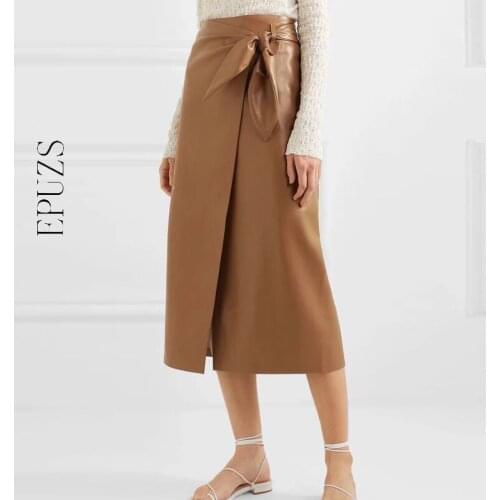 Vintage bow tie PU leather skirts Womens Streetwear female Casual high waisted midi skirt 2020 Faldas Mujer