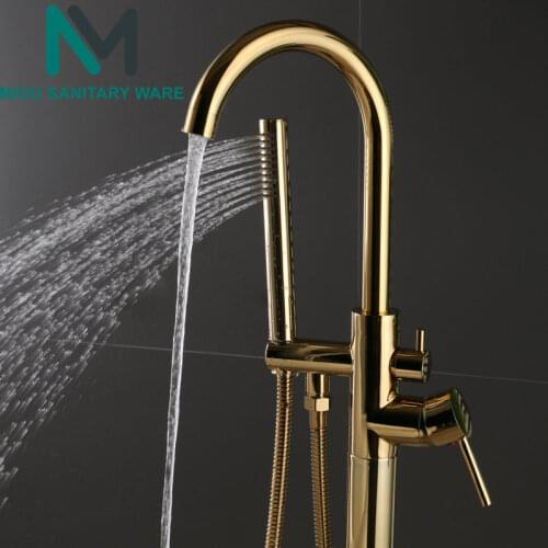 Gold Polish Bathtub Shower & Bath Floor Free Standing Faucet Single Handle Dual Control Cold Hot Water For Mixer Tap