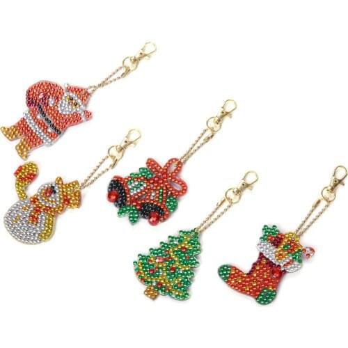 2019 Christmas Series Cartoon Santa Claus Snowman Bell Tree Socks Decoration Pendant Diamond Keychain Gift