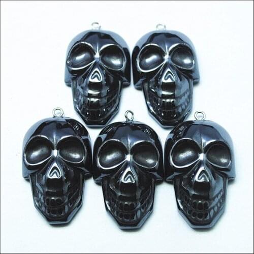 2pcs nature black hematite stone skull head pendants charms bracelets diy making findings size 34x22mm