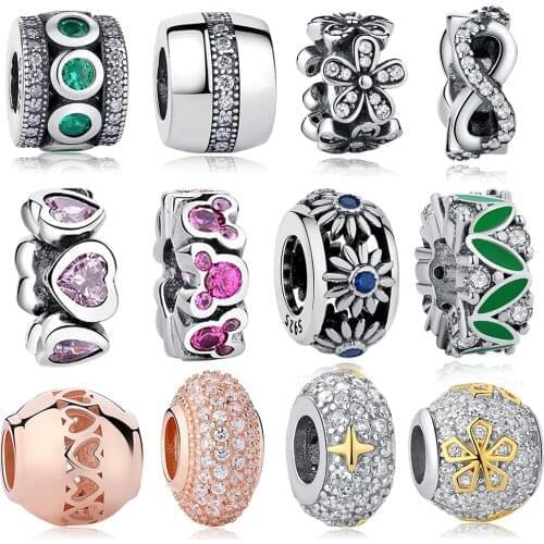 Authentic 925 Sterling Silver Charm Infinity Flower Heart Crystal Spacer Beads Fit Original Charm Bracelet DIY Jewelry