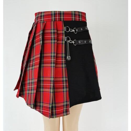 Gothic Style Plaid Irregular Skirts Women Asymmetrical High Waist Pleated Mini Skirts Female Punk Skirt Goth Skirt