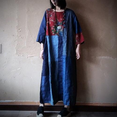 Johnature Vintage Cotton Linen Patchwork Dress 2021 Autumn O-Neck Three Quarter Sleeve Straight Loose Casual Women Retro Dress
