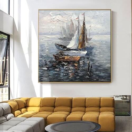 Sailboat Oil Painting On Canvas Hand Painted Wall Art For Living Room Office Wall Decoration Abstract Seascape Painting UnFramed