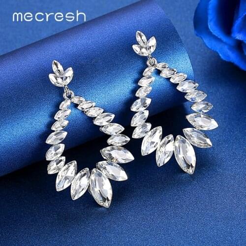Mecresh Unique Leaf Big Teardrop Bridal Dangle Earrings Women Silver Color Horse Eye Crystal Wedding Engagement Earrings MEH1628