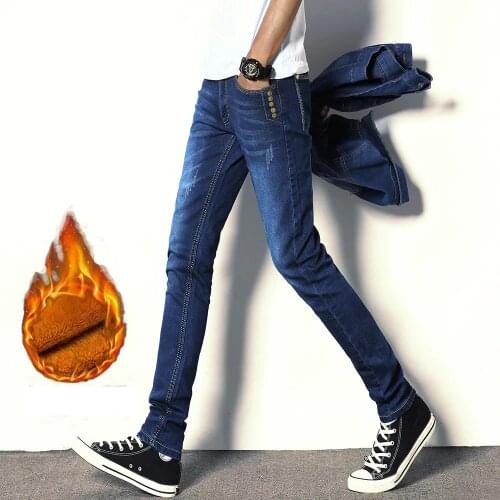 Autumn and winter mens plus velvet thickened jeans brand youth feet Korean fashion casual ankle length pants