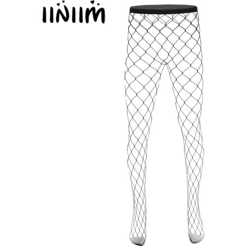 Men Hot Exotic Socks Hollow Out Fishnet See Through Sheer Elastic Waist Closed Toes Tight Leggings Stretchy Pantyhose Stockings
