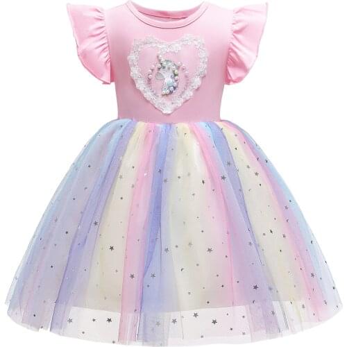 2021 New Easter Carnival Costume Girls Cotton Unicorn Dress Children Wear Flying Sleeve Rainbow Sequined Lace Princess Dresses