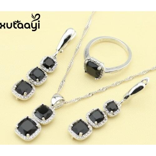 New Sterling Silver Overlay Jewelry Sets For Women Black Cubic Zirconia Flawless Necklace Rings Earring Free Gift