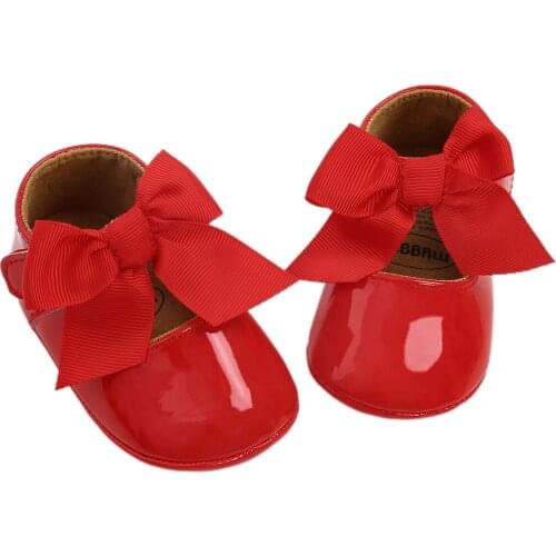 Princess Baby Girls Baptism Shoes PU Leather Soft Sole Cute Flats with Cute Ribbon Bow Non-Slip Toddler Infant Crib Shoes