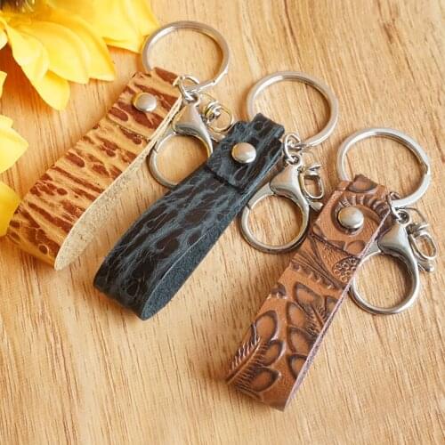 Embossed Cowhide Genuine Leather Handle Keychains Key Ring