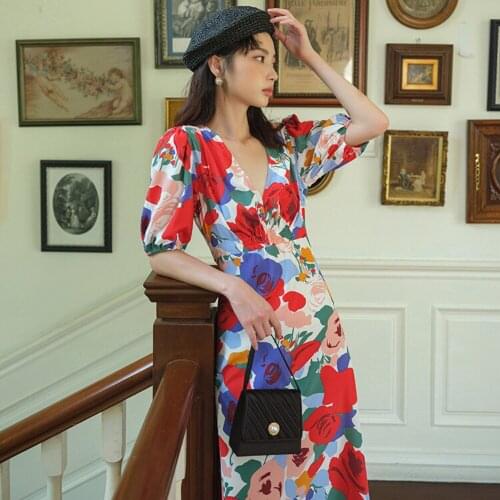 Rose Maxi Dress Lantern Sleeve V Neck Mid-calf Long Dress A Line High Waist Colorful Vintage Elegant Floral Dresses