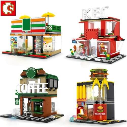 Sembo Block Mini City Street Scene Retail Store Miniature Building Block Coffee Fast Food Apple 3D Model Brick Toy for Children