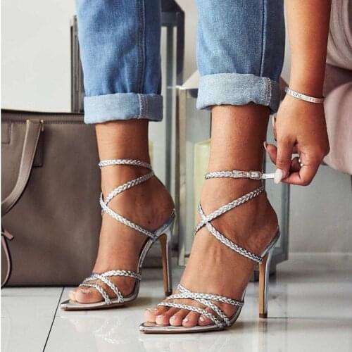 Silver Bling Crystal Sexy Sandals For Women Open toe Rhinestone Strap Cross high heel Sandals Wedding Dress shoes