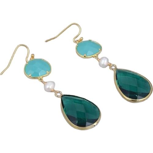 GG Jewelry Natural Cultured White Round Pearl Green Crystal Hook Earrings For Women Girl Gifts