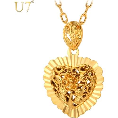 U7 Heart Pendants For Love Women Jewelry Gift Vintage Court Gold Color Hollow Heart Necklaces P536