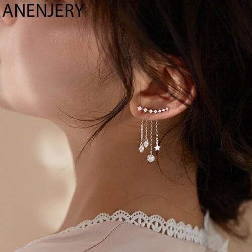 ANENJERY 1 Pair 925 Sterling Silver Shiny Zircon Star Tassel Earring For Women Light Luxury Ear Studs Temperament Accessories