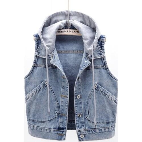 Autumn Vintage Short Big Pocket Removable Hooded Denim Vest Women Waistcoat Sleeveless Jacket Plus size Loose Jeans Vests Female