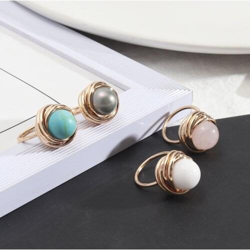 One Size Natural Stone Beaded Turquoise Wrapped Band Ring for Women Fashion Semi-precious Stones Finger Jewelry