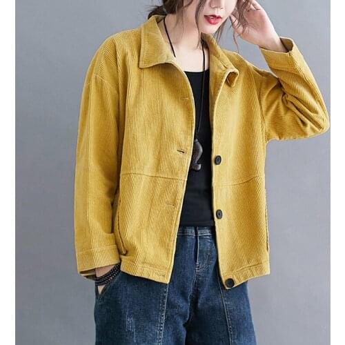 Plus Size Women Spring Autumn Corduroy Coat Female Single Breasted Solid Double Pocket Jacket Casual Loose Vintage Clothes G1048
