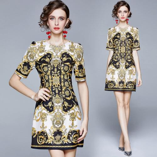 Dropshipping Summer Vintage Floral Print Crew O Round Neck Short Sleeve Women Ladies Party Casual A-Line Beach Shift Short Dress