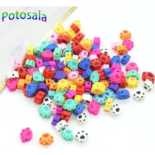 Potosala 100Pcs Cute Paw Beads Mixed Color Polymer Clay Loose Spacer Beads For DIY Jewelry Bracelet Making 10mm