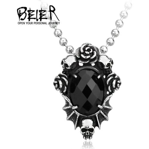 Beier new store 316L Stainless Steel Necklace Pendant rose flower skull with big black zircon Jewelry LLBP8-123P