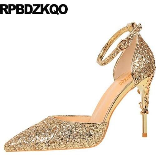 Ankle Strap Glitter Golden Thin Silver High Heels Gold Wedding Shoes Pumps Size 4 34 Ladies Sequin Bling Strange Pointed Toe