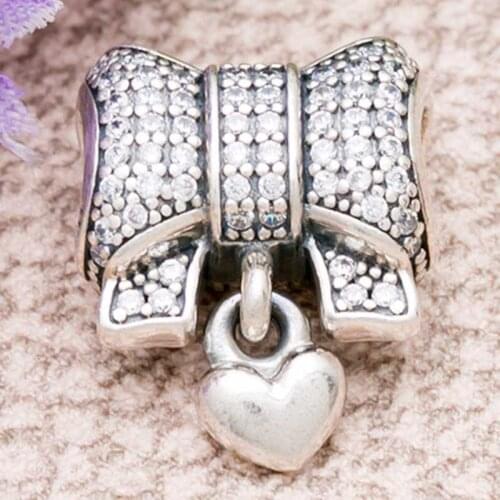 Original Love Heart And Bow With Crystal Pendant Beads Fit 925 Sterling Silver Bead Charm Bracelet DIY Jewelry