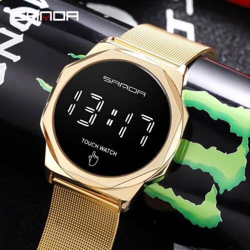 Sanda Women Digital watch For Men Women Touch Watch Womens Mesh Belt Watch Fashion Sports Gold Clock Clothes Accessories