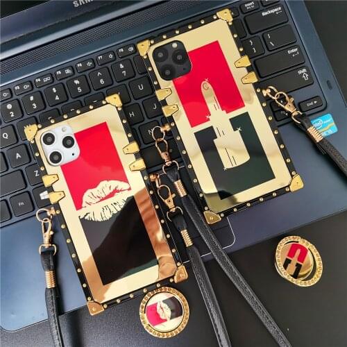 Fashion Sexy Red Lips Lipstick Gold Square Cover Lanyard Cord Strap Case for Huawei Mate 40 Honor 30 P30 PRO P20 P40 Nova 8 7 SE