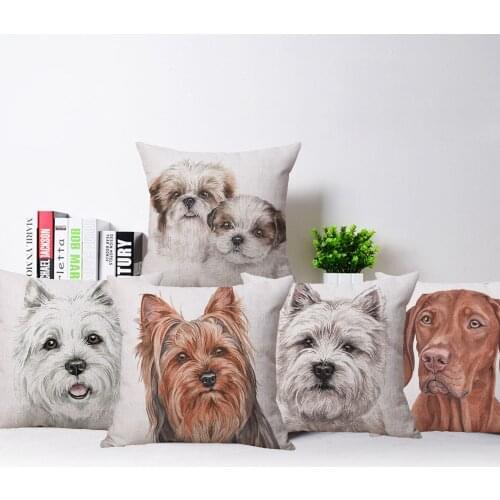 Shih Tzu Puppies Terrier Pug Cushion Cover Dog Animal Painting Pillowcase 45X45cm Sofa Chair Decoration