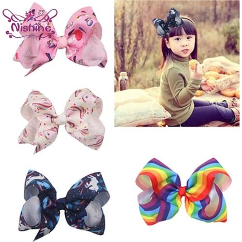 Nishine 6 Inches Gradient Rainbow Grosgrain Ribbon Bows Baby Hair Clips Cute Unicorn Printed Bowknot Bangs Hairpin Kids Headwear
