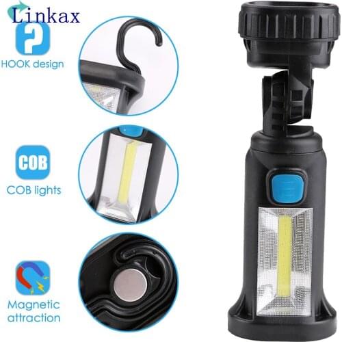 360 Degree Base Flashlight 2*XPE +1*COB LED Working Lamp Outdoor Handy Lamp Rechargeable Energy Saving Lamp With Magnet Hook