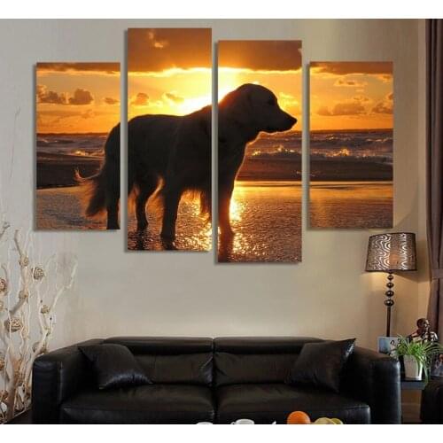 Oil Canvas Painting Wall Art Sunrise Beach Dogs Puppies 4 Piece Home Decoration Canvas Poster Print paintings