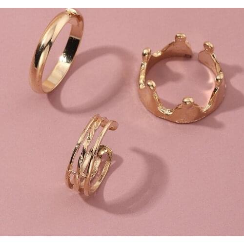3pcs Korea Vintage Creative Gold Crown Finger Rings Set for Women Girl Punk Hip Hop Opening Adjustable Ring Statement Jewelry