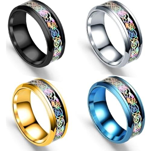 NEW 8mm Mens Multicolor Titanium Steel Ring Inlay Rainbow Color Carbon Fiber Celtic Dragon Ring Wedding Band Jewelry Size 6-13