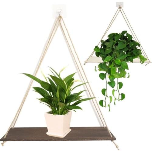 Twine Wooden Wall Shelf Flower Pot Rack Hanging Rope Rack Flower Pot Storage Rack Home Wall Hanging