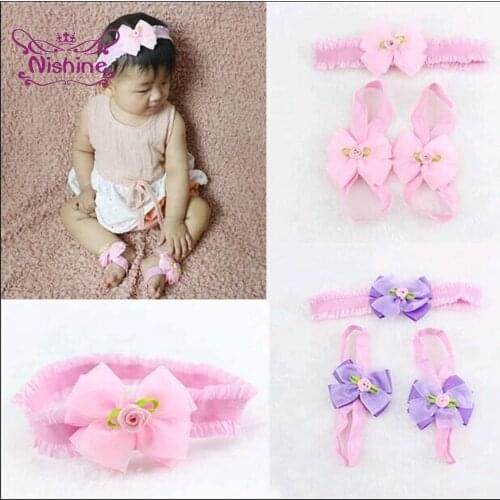Nishine Baby Girls Flower Nylon Headband Infant Butterfly Barefoot Sandal Shoes Set Child Photo Props Accessories Birthday Gifts