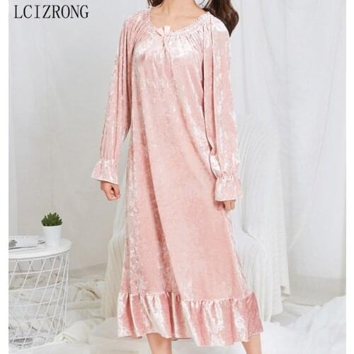 Spring Velvet Midi Women Sleepwear Dress Korean Loose Plus Size Night Dress Long Sleeve O Neck Nightgown Female