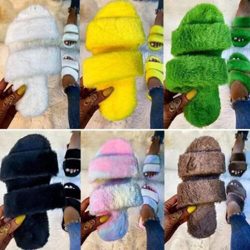 2021 autumn/winter new large size fox fur slippers women flat-bottomed open-toe casual double-layer home durable sandals