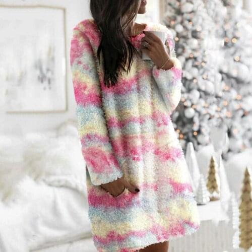 Autumn Winter Furry Warm Women Dress Casual O Neck Long Sleeve Loose Tie Dye Camo Leopard Print Casual Mini Plush Dress Vestidos