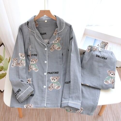 Cute Gauze Cotton Bear Spring and Summer Womens Pajamas Confinement Clothing Pregnant Women Breastfeeding Nursing Home Service